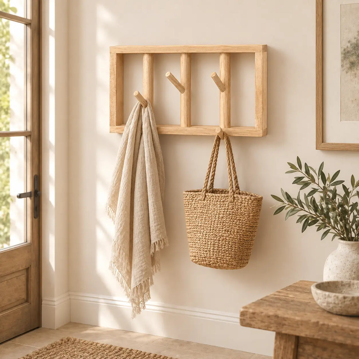 porte-manteau mural bois avec tablette – dans une entrée contemporaine