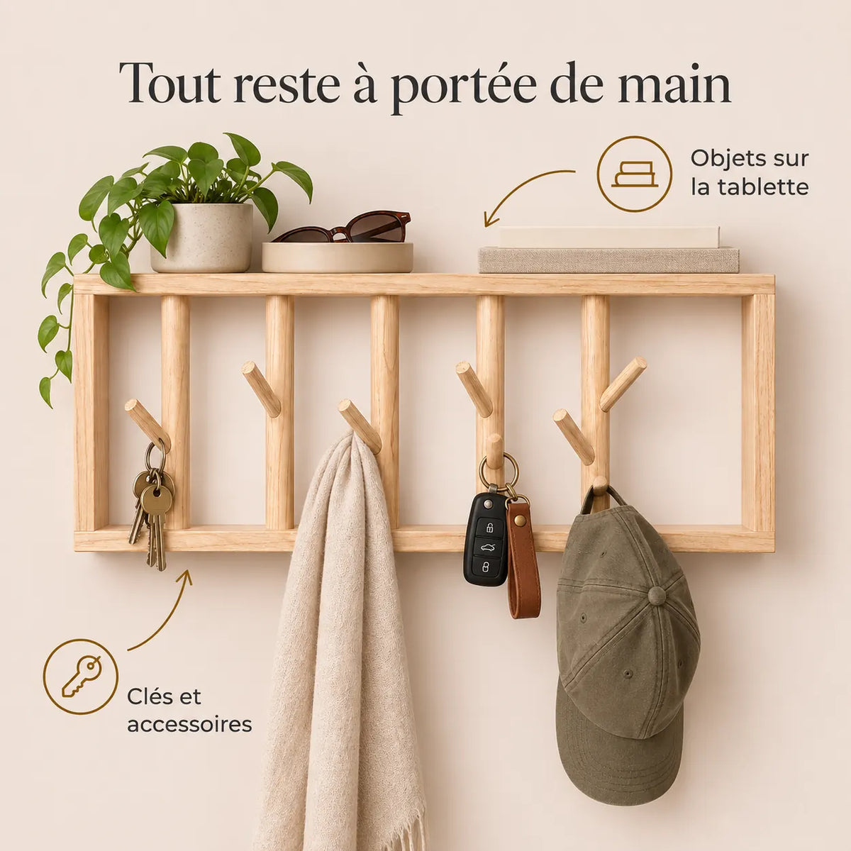 porte-manteau mural bois naturel 50 cm 5 patères – utilisation au quotidien