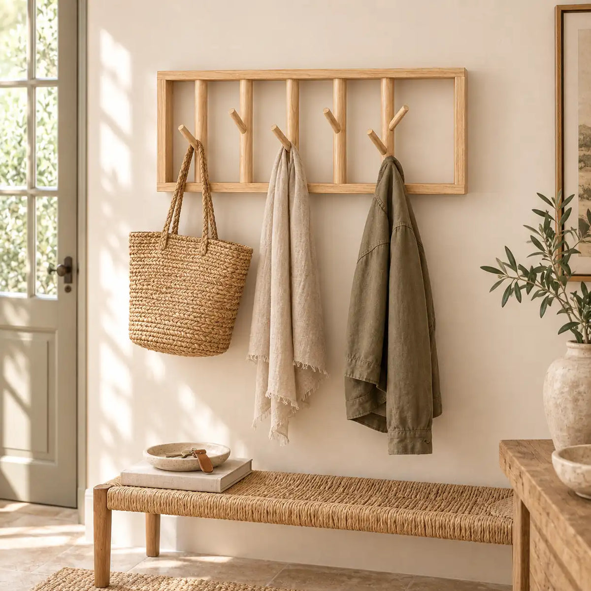 porte-manteau mural bois naturel 50 cm 5 patères – dans une entrée contemporaine