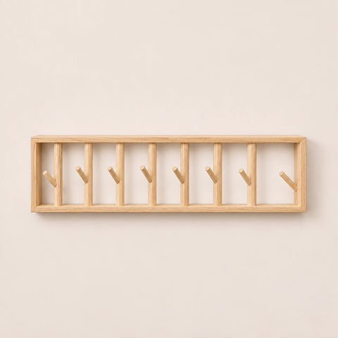 Grand porte-manteau mural bois naturel 70 cm - 7 crochets