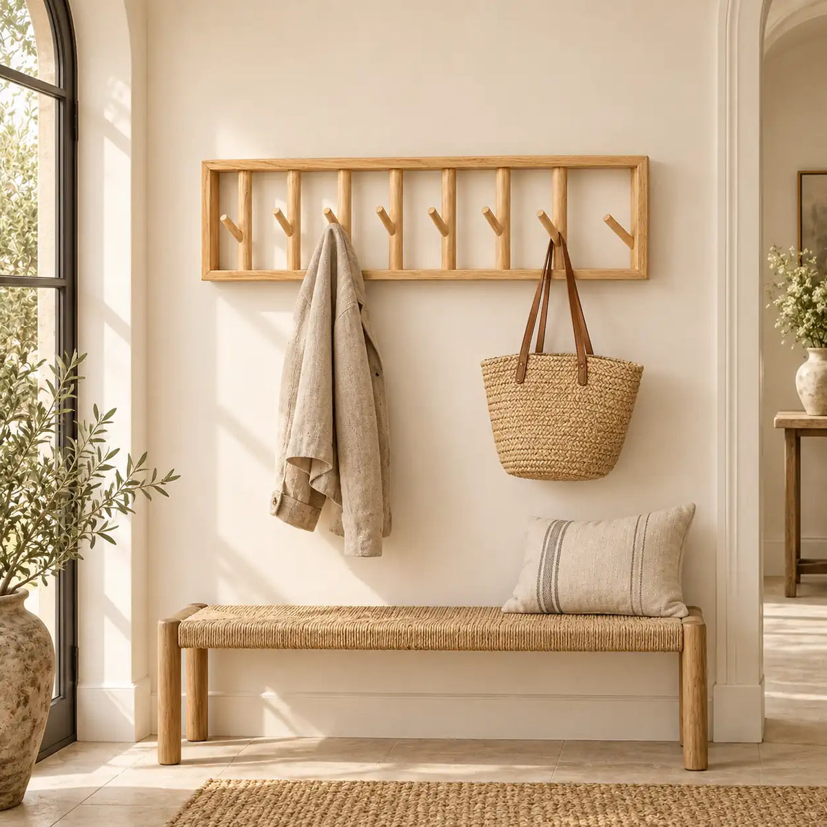 porte-manteau mural bois naturel 70 cm 7 patères – dans une entrée contemporaine