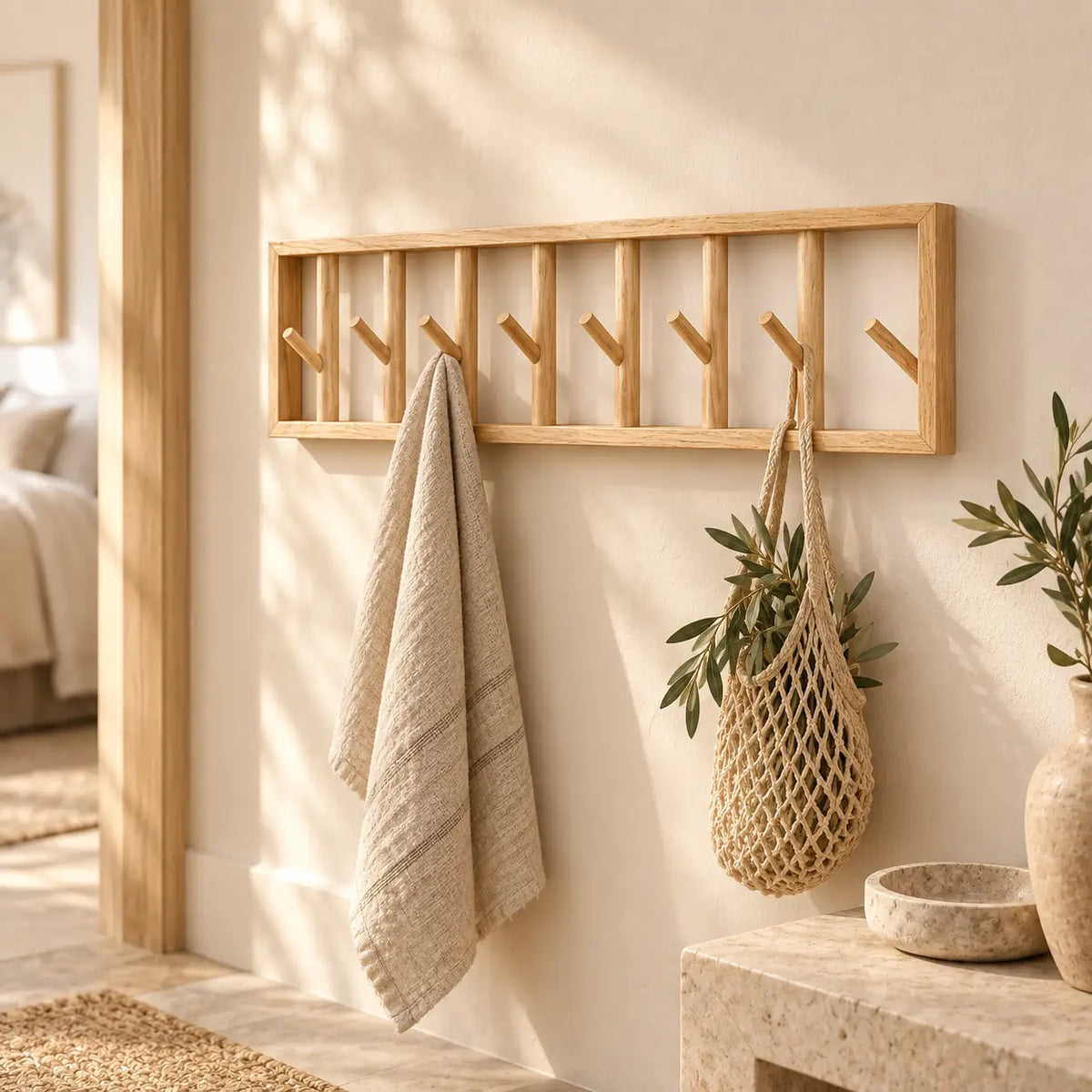 porte-manteau mural bois naturel 70 cm 7 patères – mise en situation dans un intérieur