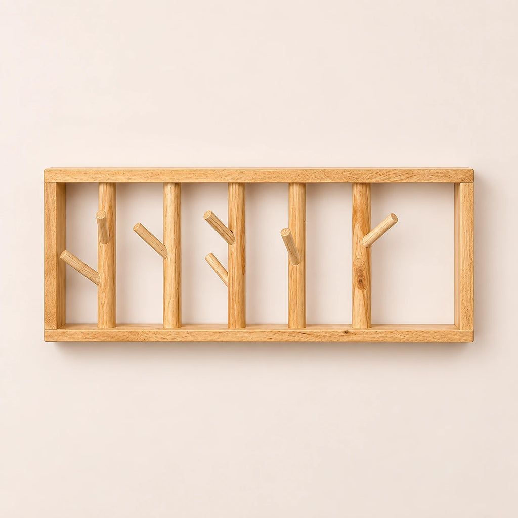 porte-manteau mural bois vernis 50 cm 5 patères – vue principale sur fond beige