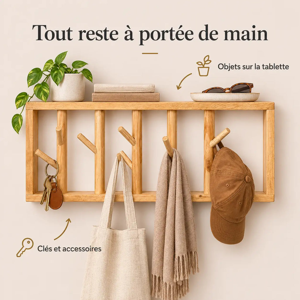 porte-manteau mural bois vernis 50 cm 5 patères – utilisation au quotidien