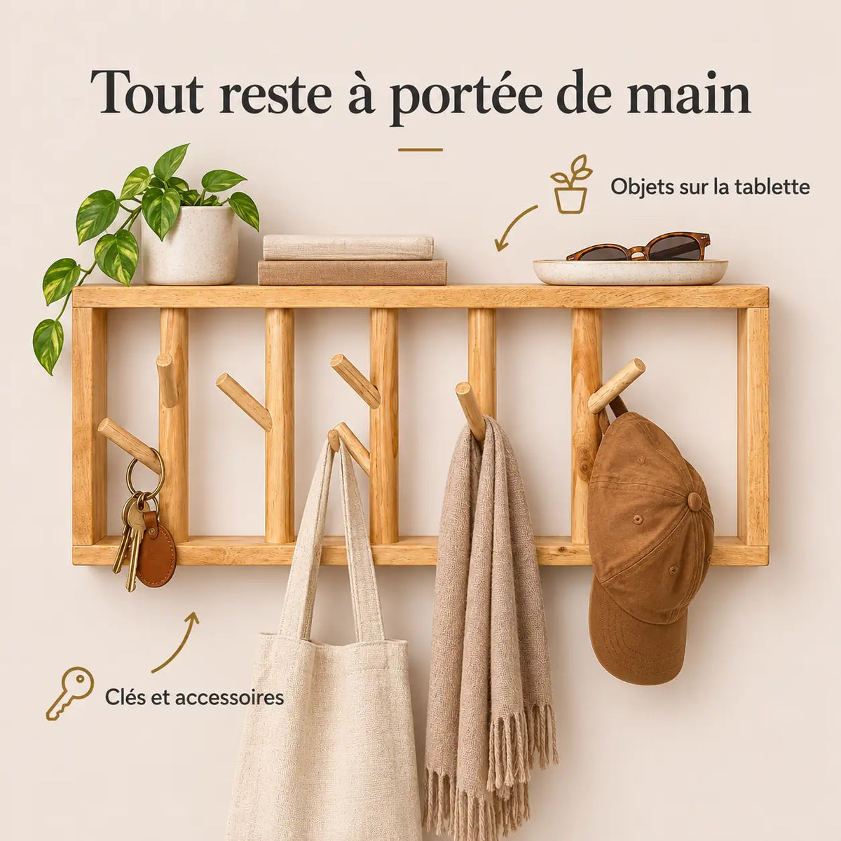 porte-manteau mural bois vernis 50 cm 5 patères – utilisation au quotidien