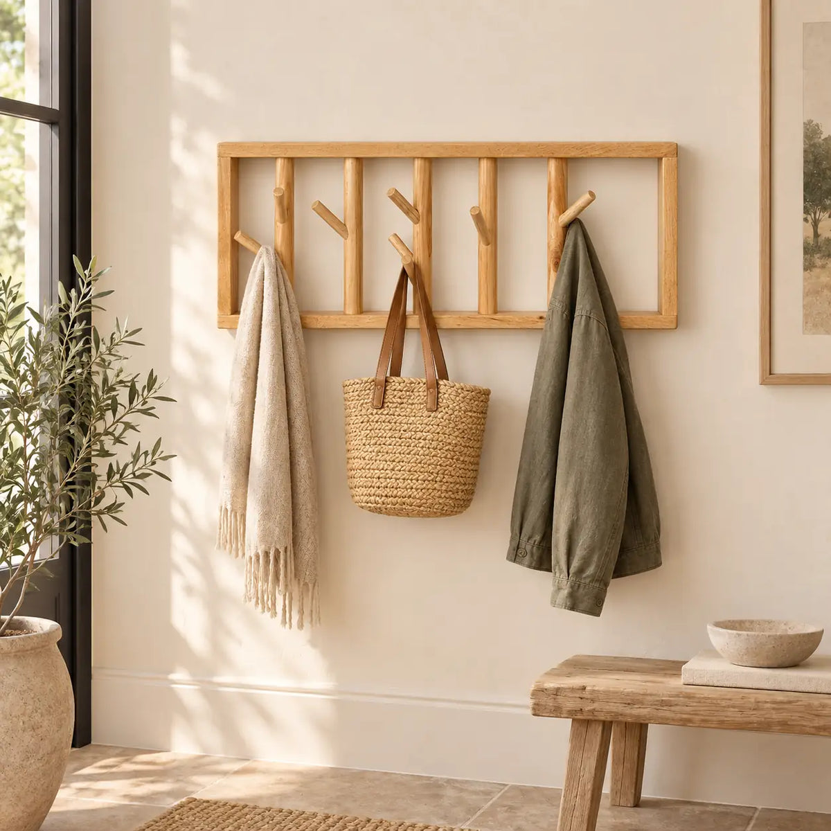 porte-manteau mural bois vernis 50 cm 5 patères – dans une entrée contemporaine