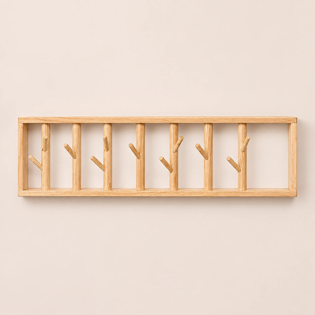 porte-manteau mural bois vernis 70 cm 7 patères – vue principale sur fond beige