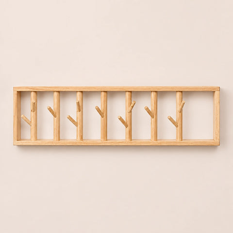 Grand porte-manteau mural bois vernis 70 cm - 7 crochets design