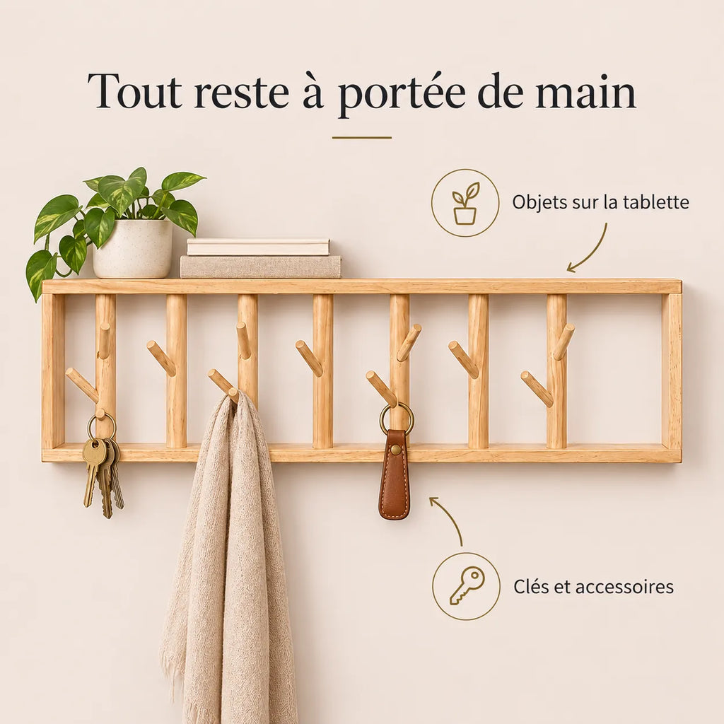 porte-manteau mural bois vernis 70 cm 7 patères – utilisation au quotidien