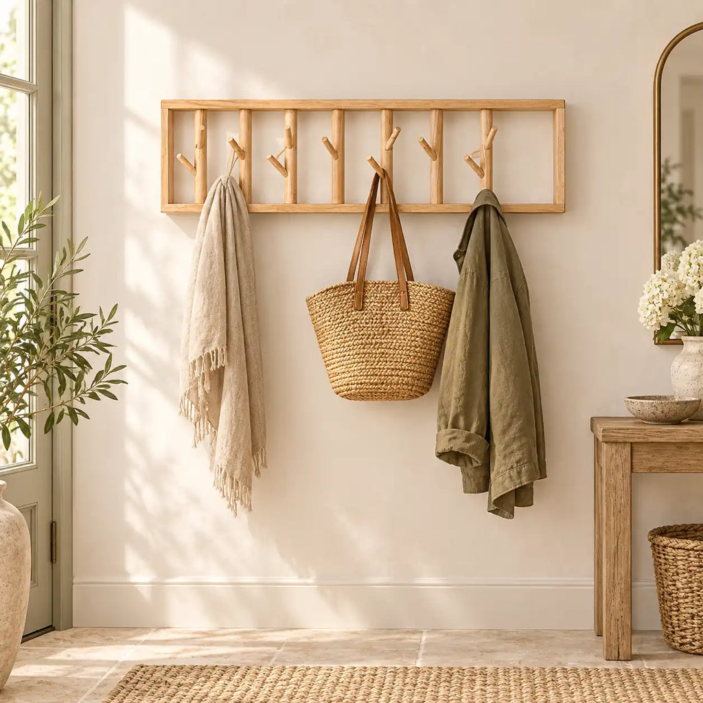 porte-manteau mural bois vernis 70 cm 7 patères – dans une entrée contemporaine