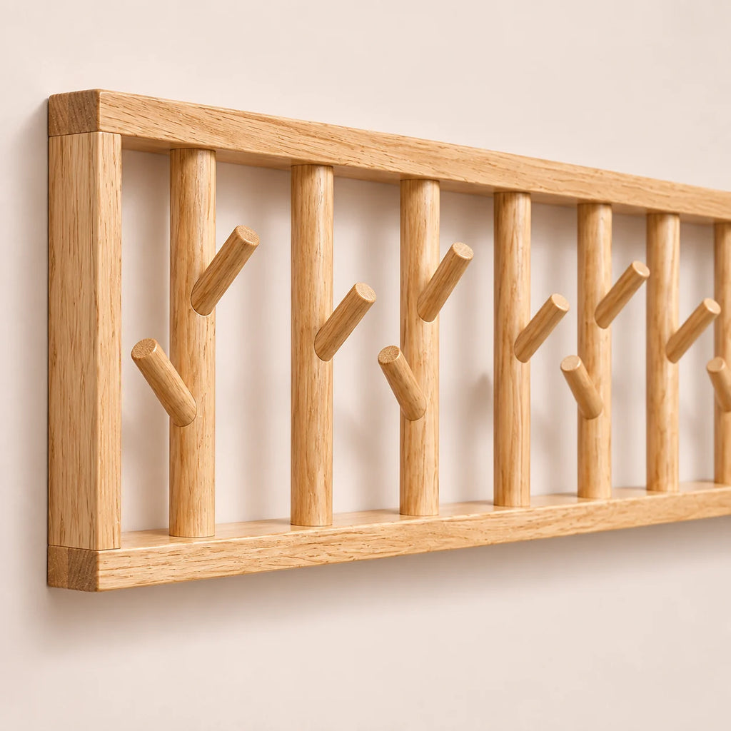 porte-manteau mural bois vernis 70 cm 7 patères – détail de finition
