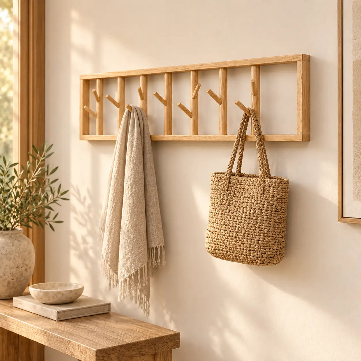 porte-manteau mural bois vernis 70 cm 7 patères – mise en situation dans un intérieur