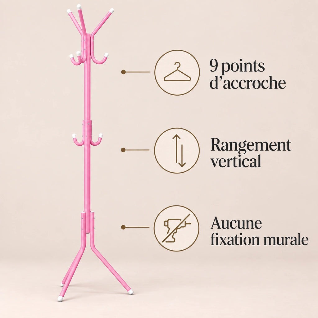 porte-manteau sur pied rose 9 patères 166 cm – bénéfices et rangement