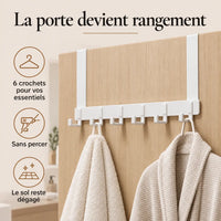 Porte-manteau sur porte blanc à six crochets pour ranger serviettes sans percer.