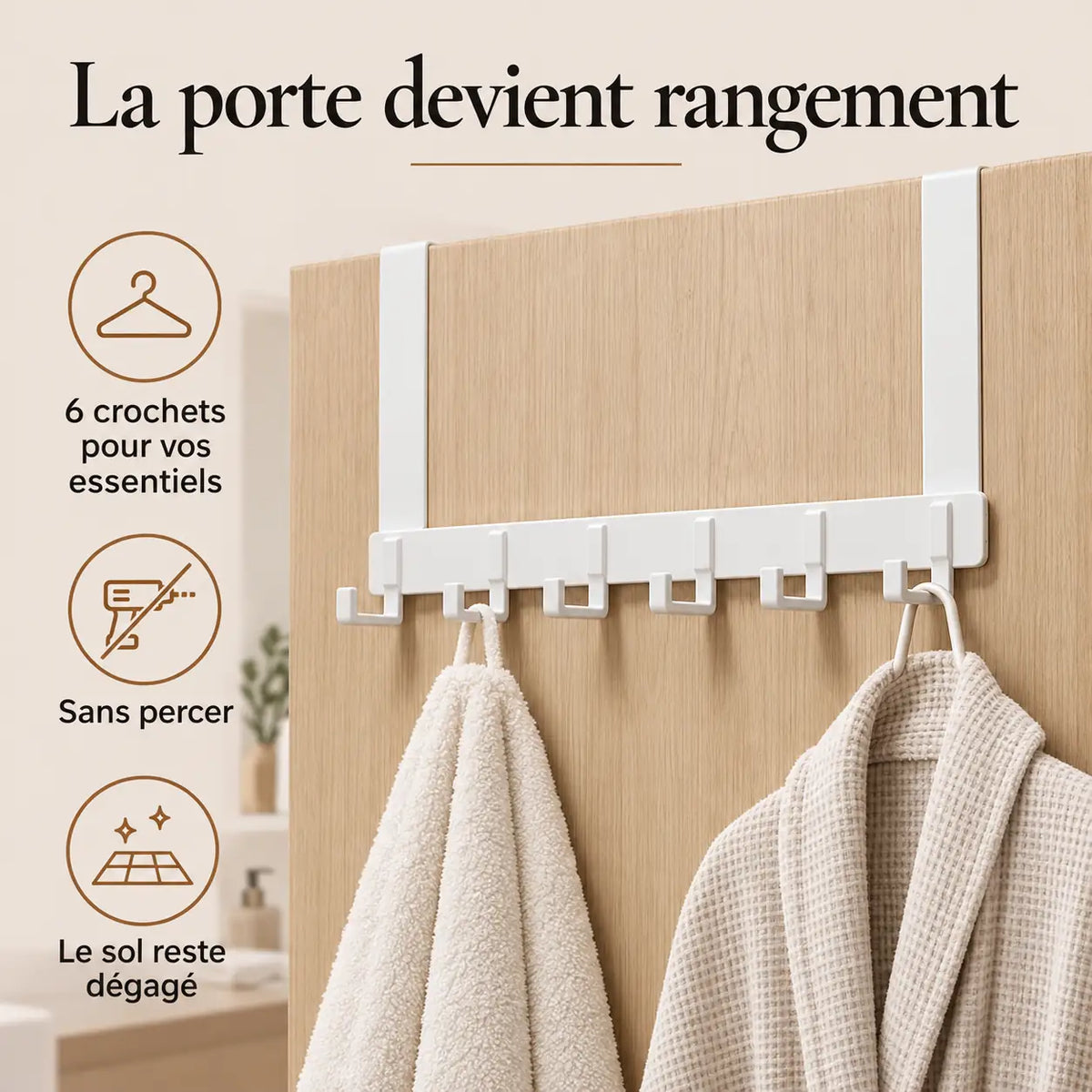 Porte-manteau sur porte blanc à six crochets pour ranger serviettes sans percer.
