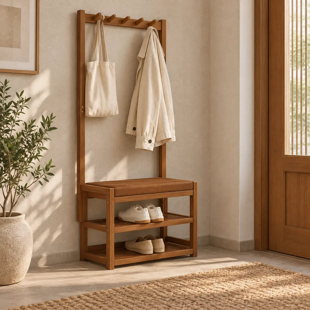 Banc porte-manteau bambou 50 cm en situation dans une entrée