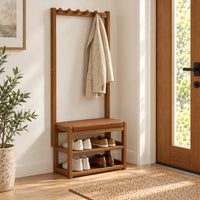 Banc porte-manteau bambou 50 cm avec vêtements et chaussures rangés