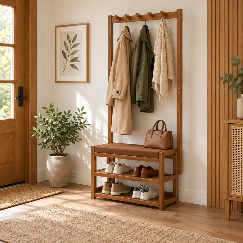 Banc porte-manteau bambou 60 cm dans une entrée aménagée