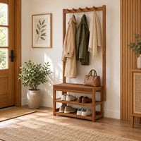 Banc porte-manteau bambou 60 cm dans une entrée aménagée