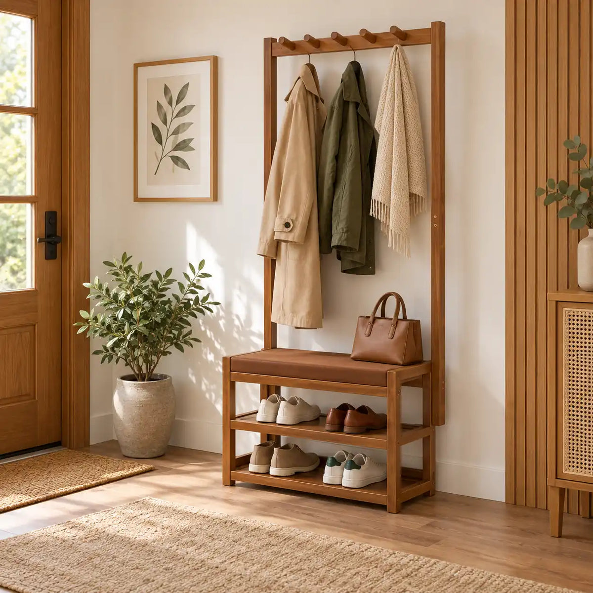 Banc porte-manteau bambou 60 cm dans une entrée aménagée Image