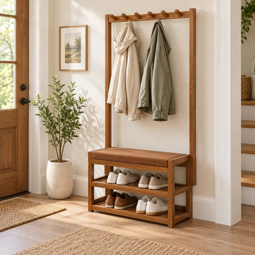 Banc porte-manteau bambou 60 cm avec vêtements et chaussures rangés