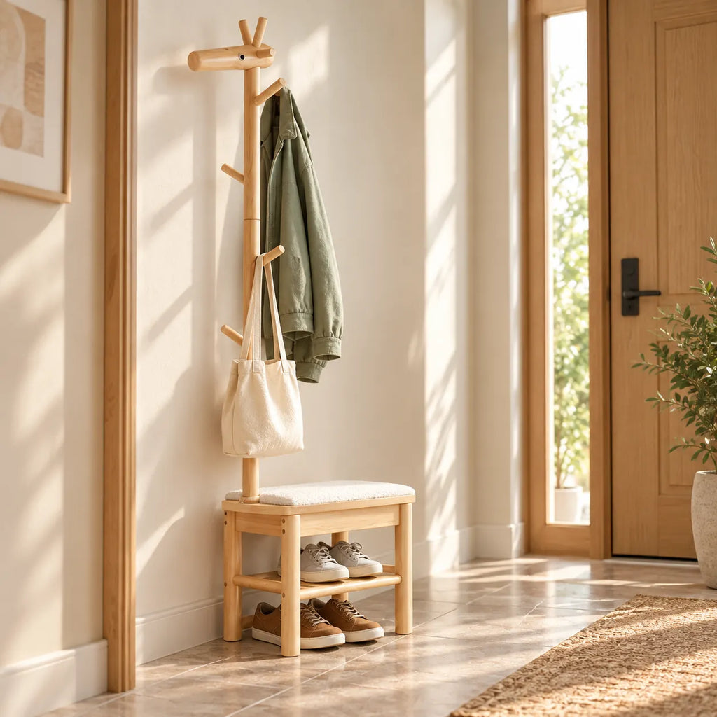 Banc porte-manteau bois naturel 55 cm en situation dans une entrée