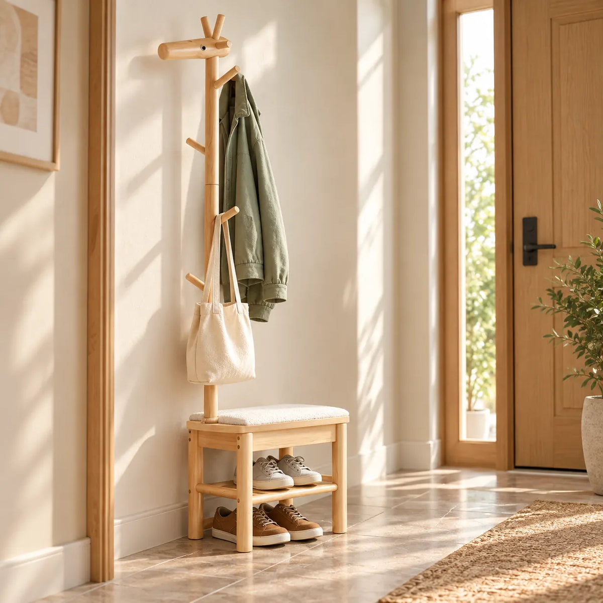 Banc porte-manteau bois naturel 55 cm en situation dans une entrée