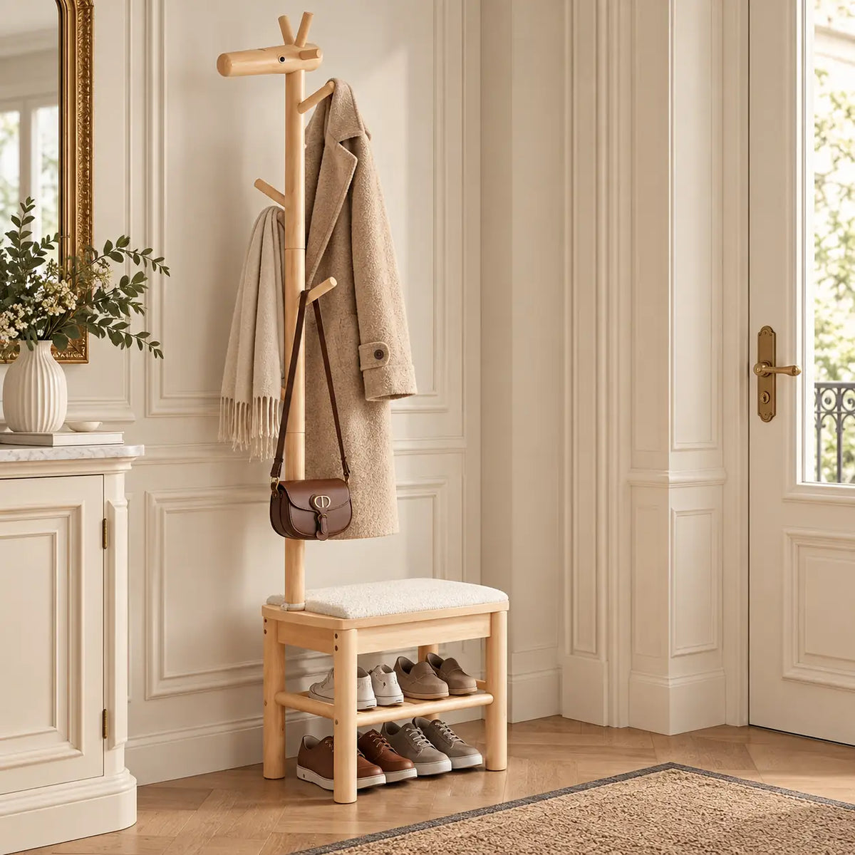 Banc porte-manteau bois naturel 55 cm dans une entrée aménagée Image