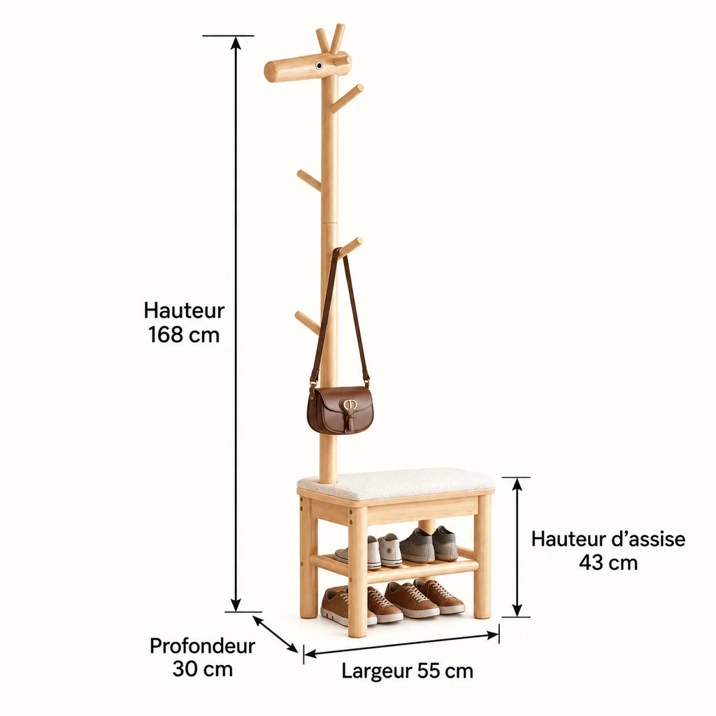 Dimensions du banc porte-manteau bois naturel 55 cm