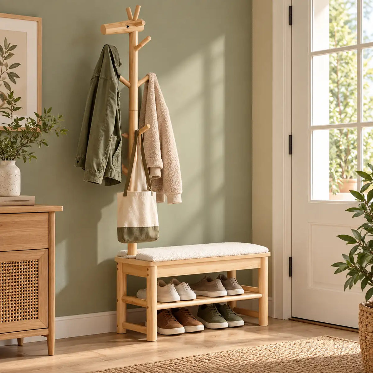 Banc porte-manteau bois naturel 90 cm en situation dans une entrée