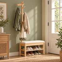 Banc porte-manteau bois naturel 90 cm en situation dans une entrée
