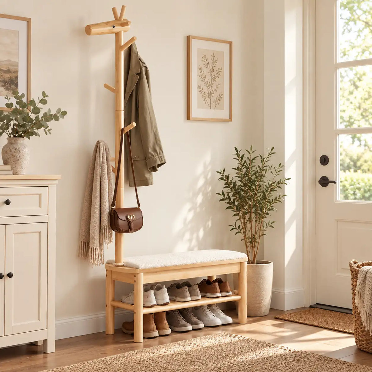 Banc porte-manteau bois naturel 90 cm dans une entrée aménagée