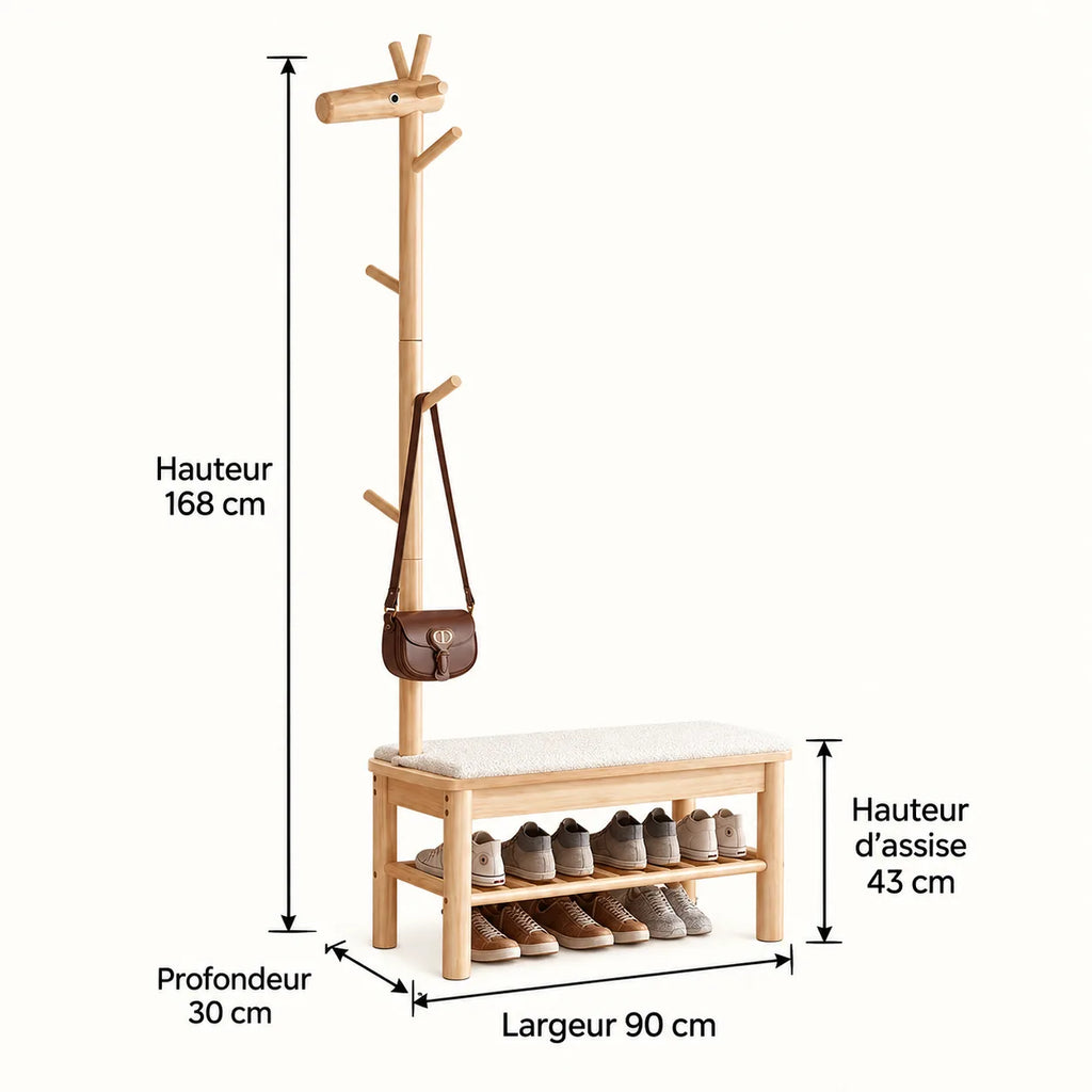 Dimensions du banc porte-manteau bois naturel 90 cm