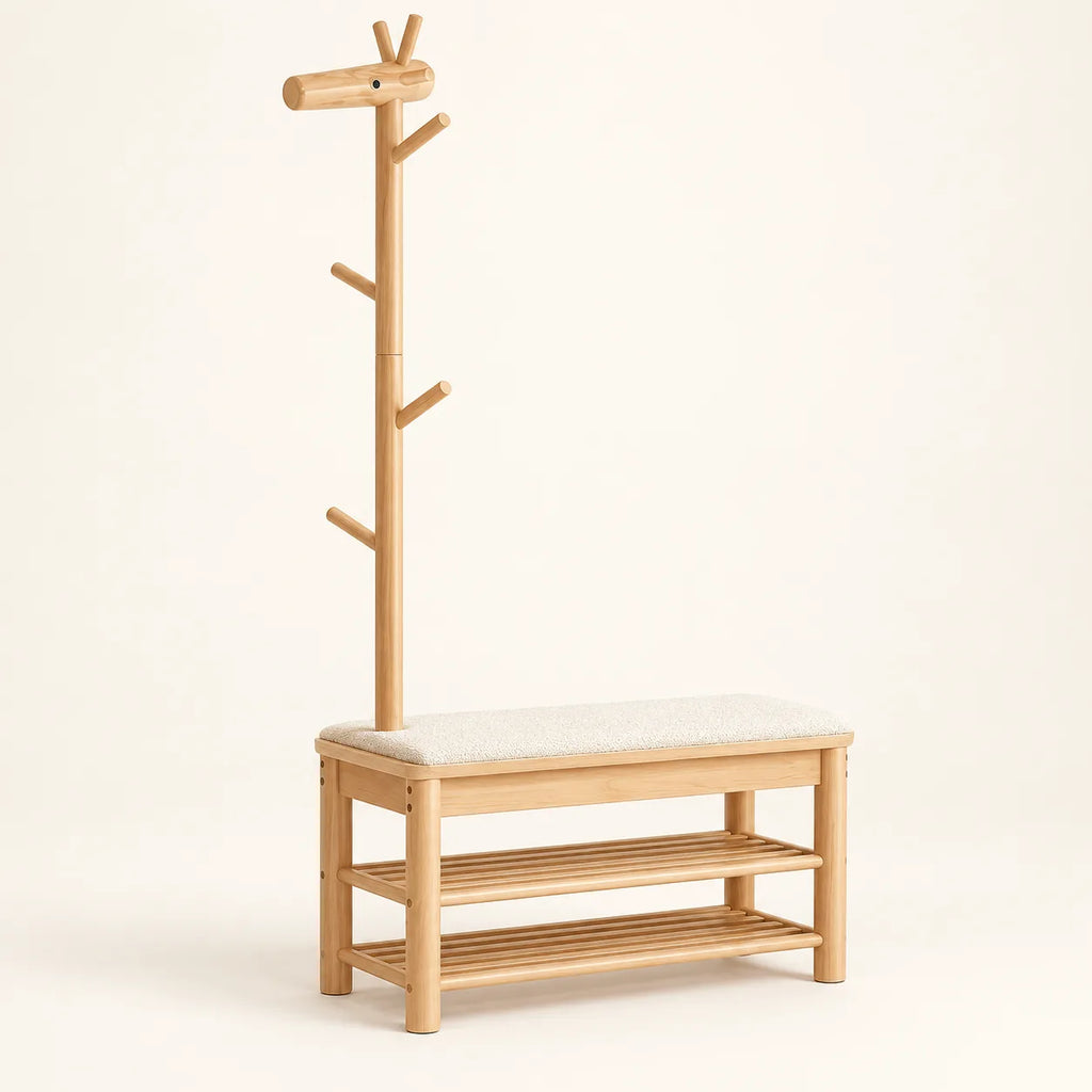 Banc porte-manteau bois naturel 90 cm complet sur fond clair