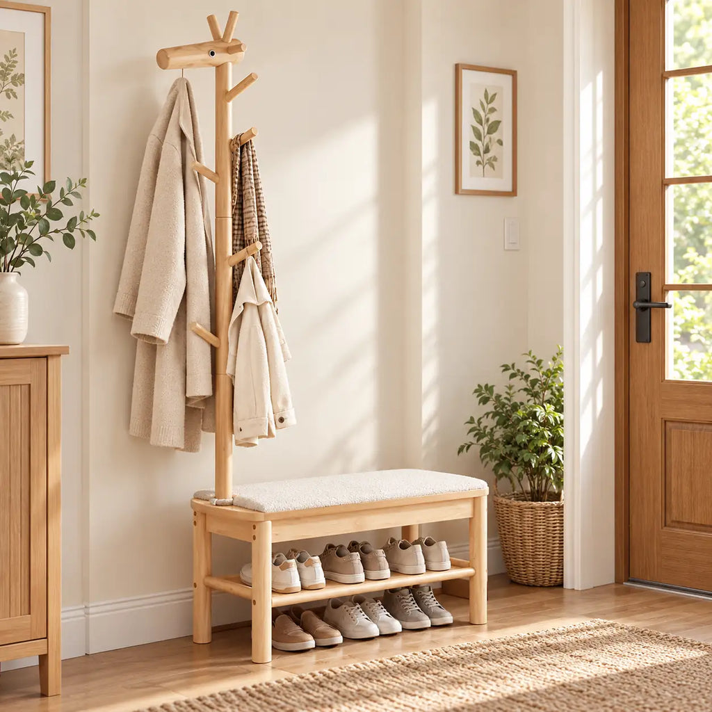 Banc porte-manteau bois naturel 90 cm avec vêtements et chaussures rangés