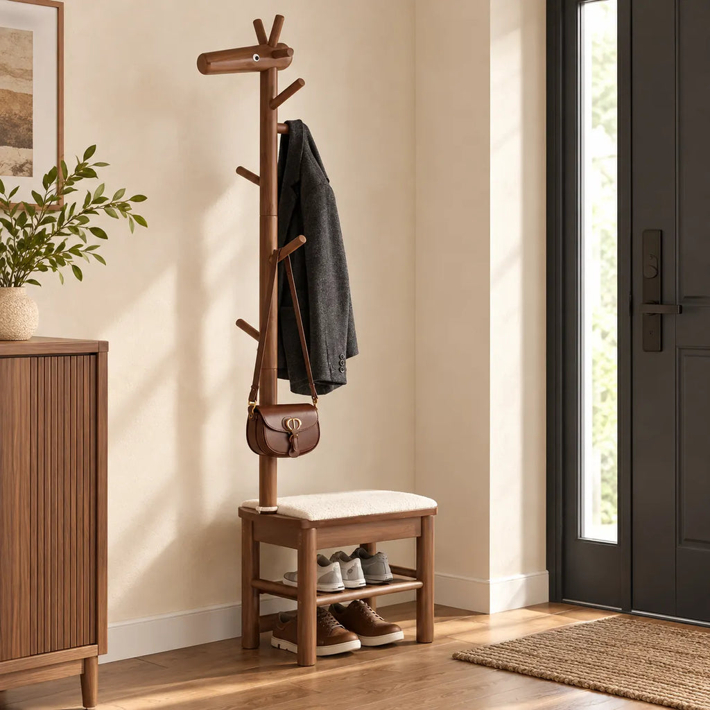 Banc porte-manteau noyer 55 cm en situation dans une entrée