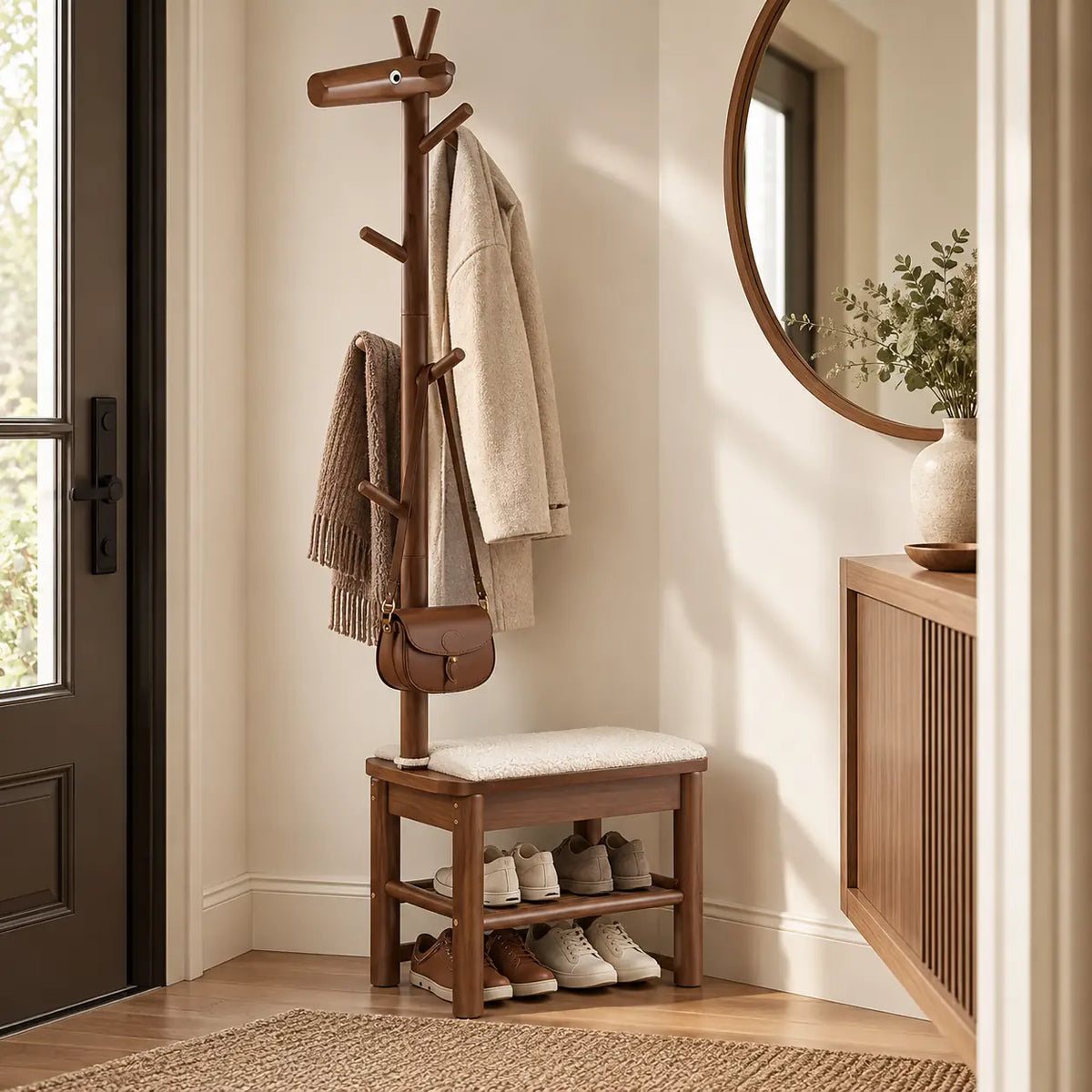 Banc porte-manteau noyer 55 cm dans une entrée aménagée Image