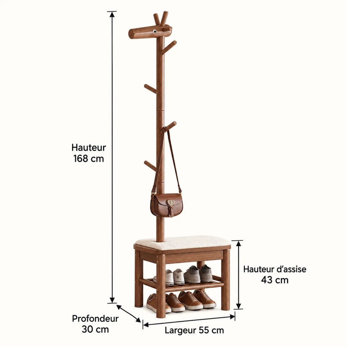 Dimensions du banc porte-manteau noyer 55 cm