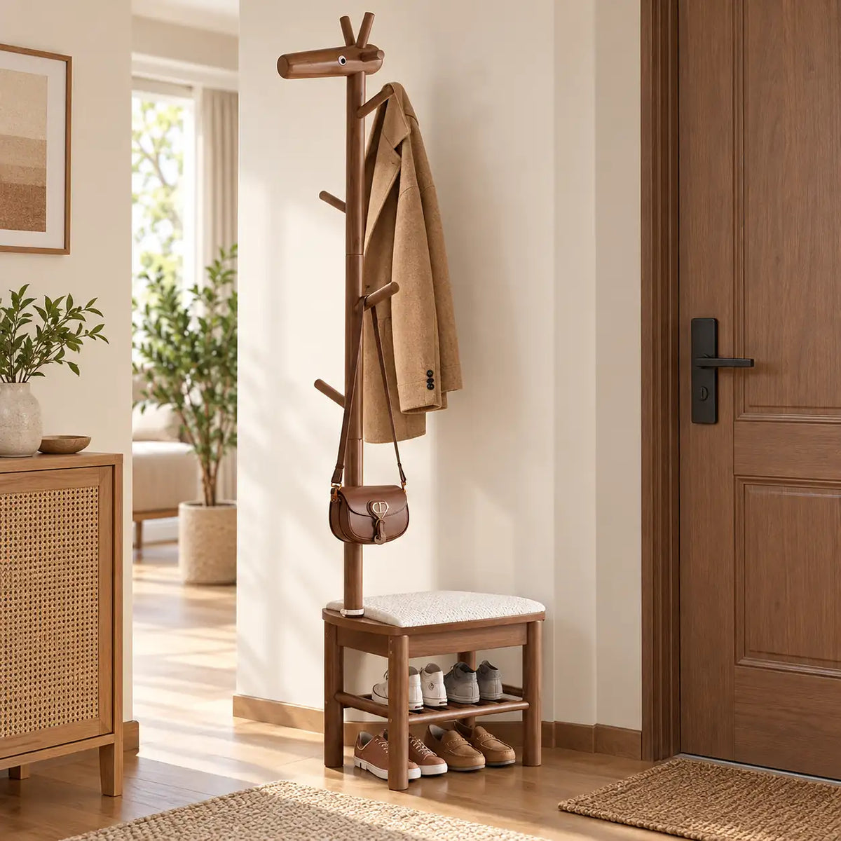 Banc porte-manteau noyer 55 cm avec vêtements et chaussures rangés