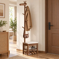 Banc porte-manteau noyer 55 cm avec vêtements et chaussures rangés