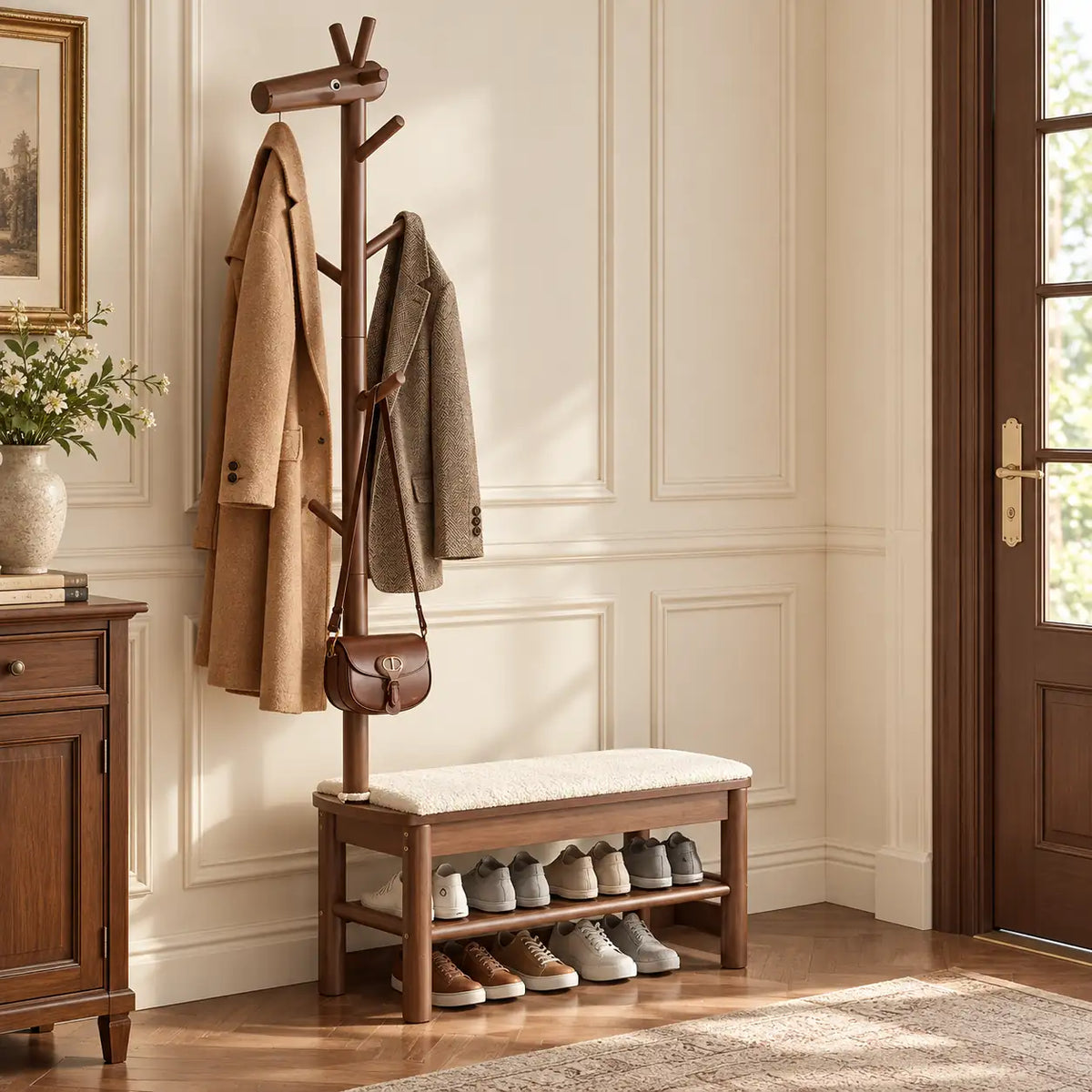 Banc porte-manteau noyer 90 cm en situation dans une entrée