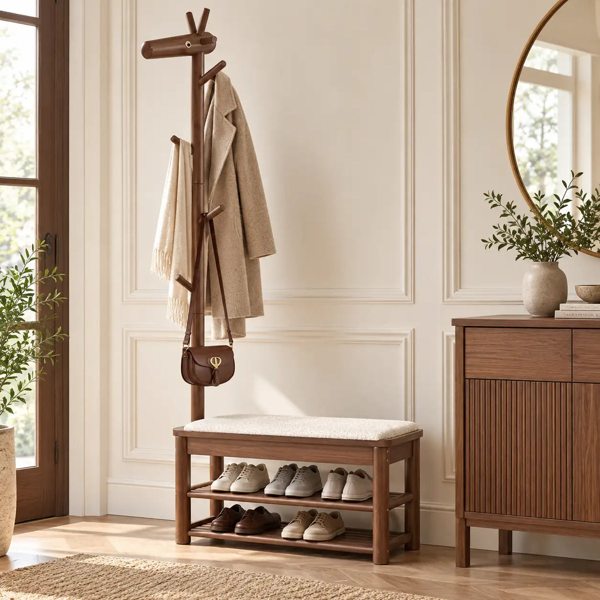 Banc porte-manteau noyer 90 cm dans une entrée aménagée Image