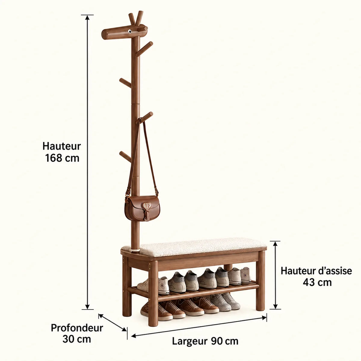Dimensions du banc porte-manteau noyer 90 cm