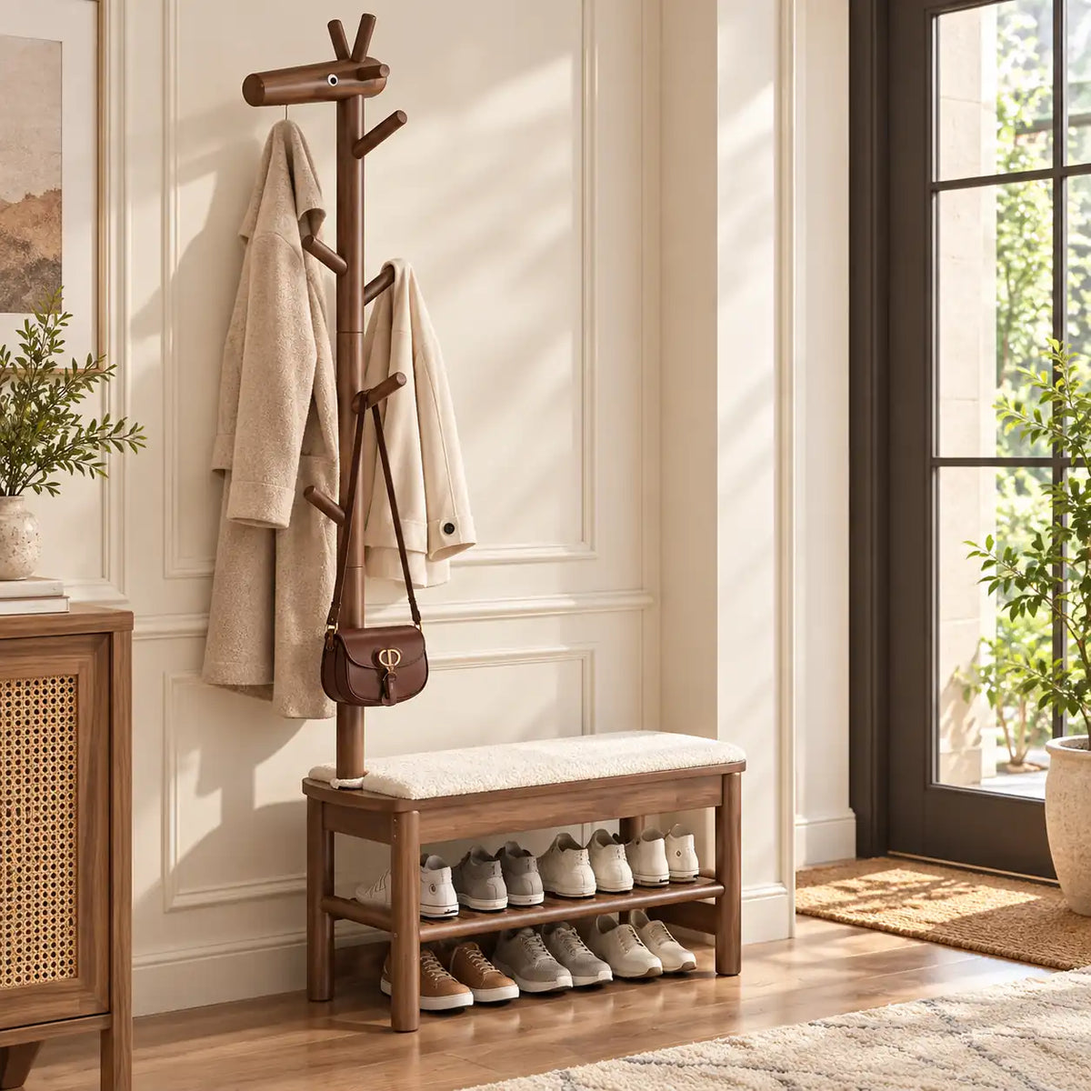 Banc porte-manteau noyer 90 cm avec vêtements et chaussures rangés