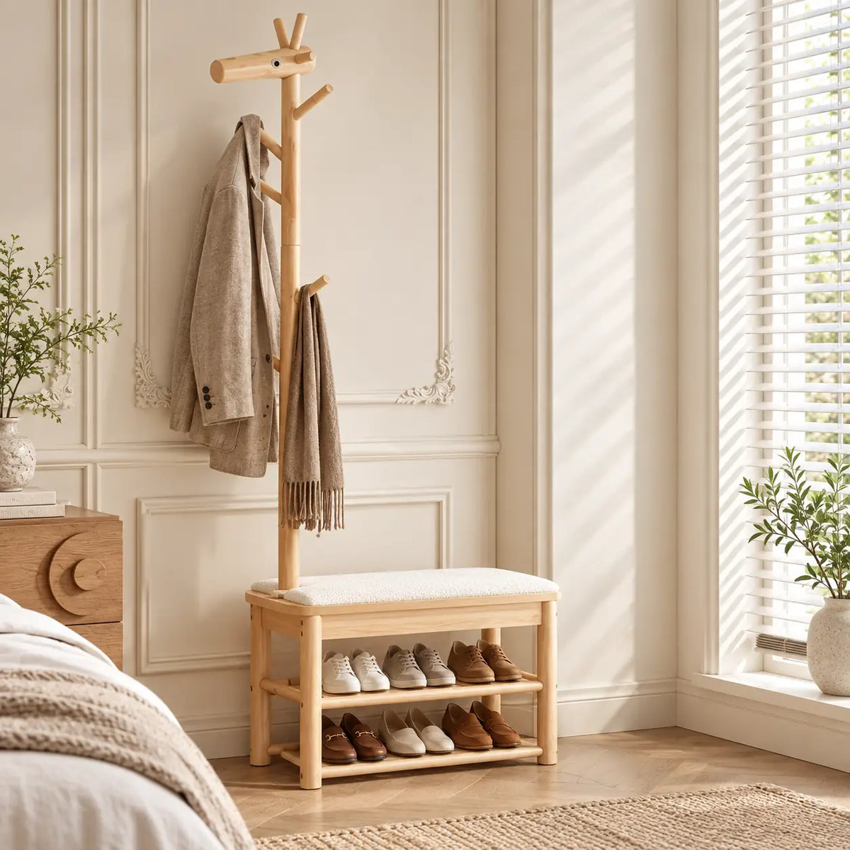 Banc porte-manteau bois naturel 70 cm en situation dans une entrée