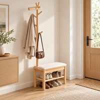 Banc porte-manteau bois naturel 70 cm dans une entrée aménagée
