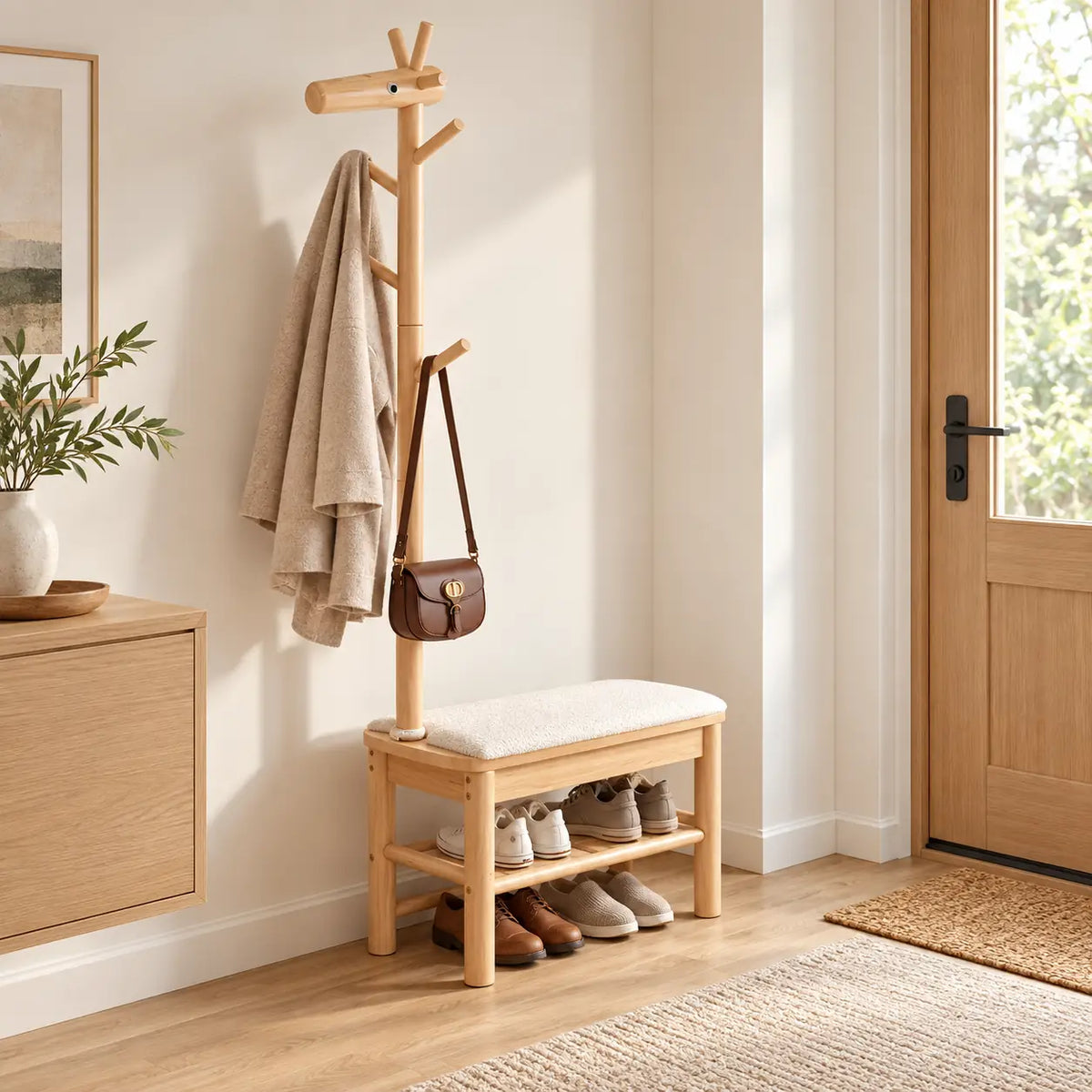 Banc porte-manteau bois naturel 70 cm dans une entrée aménagée