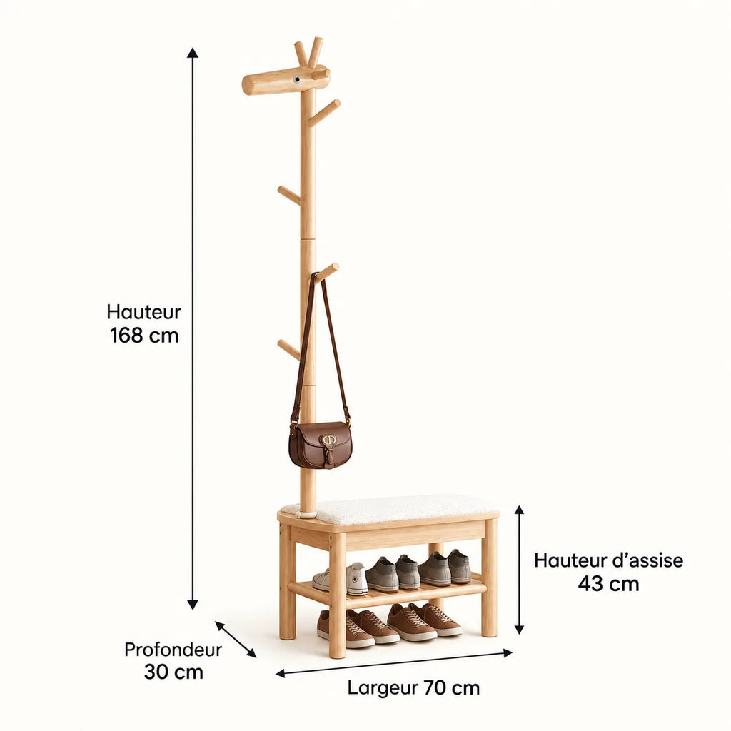 Dimensions du banc porte-manteau bois naturel 70 cm