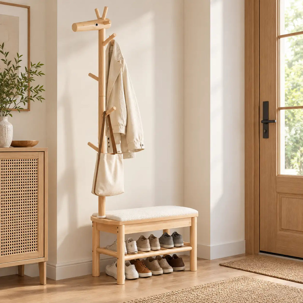 Banc porte-manteau bois naturel 70 cm avec vêtements et chaussures rangés