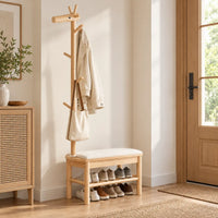 Banc porte-manteau bois naturel 70 cm avec vêtements et chaussures rangés